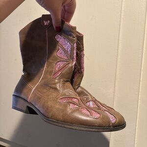 Brown and Pink Butterfly Embellished girls cowgirl boots